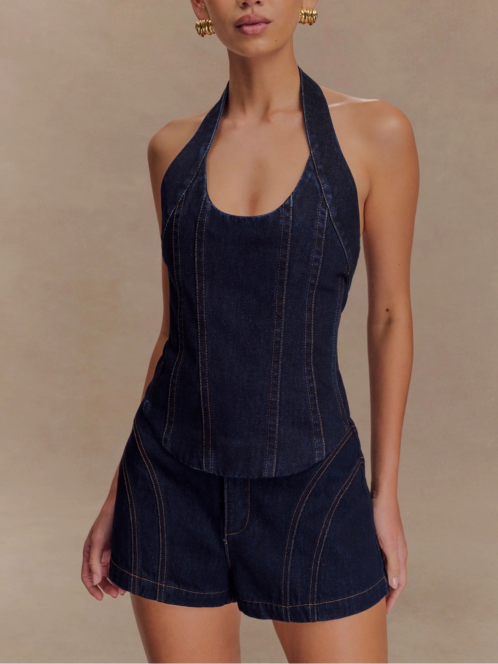NWT! Meshki Dark Indigo Denim Halter Top and Shorts Set